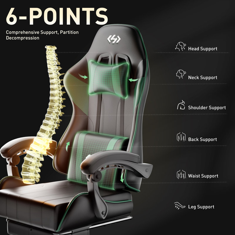 Metro Lane Adjustable Reclining Ergonomic Faux Leather Swiveling PC & Racing Game Chair with Footrest, Black/Green