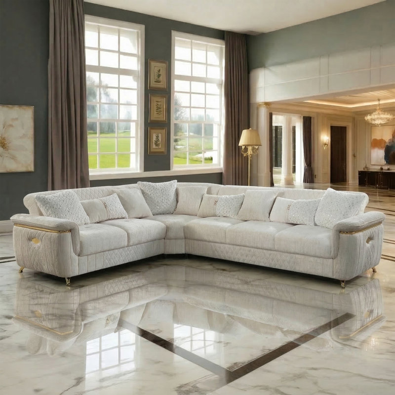 Aurora Reversible Fabric Sectional Sofa with Dual Storage and Elegant Gold Accent Trim, Cream Fabric