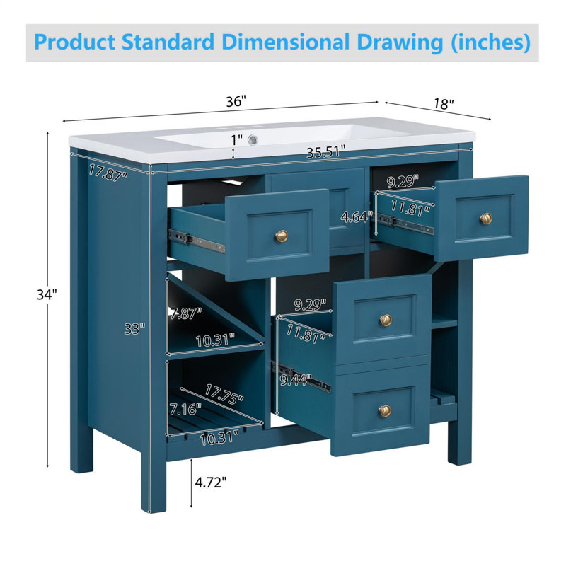  Ensemble de meuble-lavabo sur pied 36 po avec 5 tiroirs et portes à fermeture douce 36 po, Bleu
