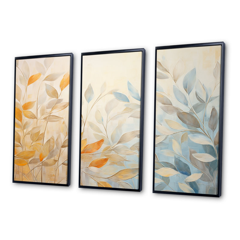 Feuilles d'automne, harmonie du soleil I - ensemble d'art mural feuilles, Cadre flottant noir, H 40 po x l 60 po x P 1 po