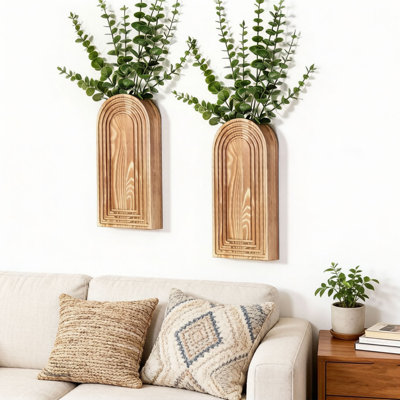 Wooden Wall Vase Set of 2, Farmhouse Wall Planter Decor for Entryway, Hallway or Living Room, Natural