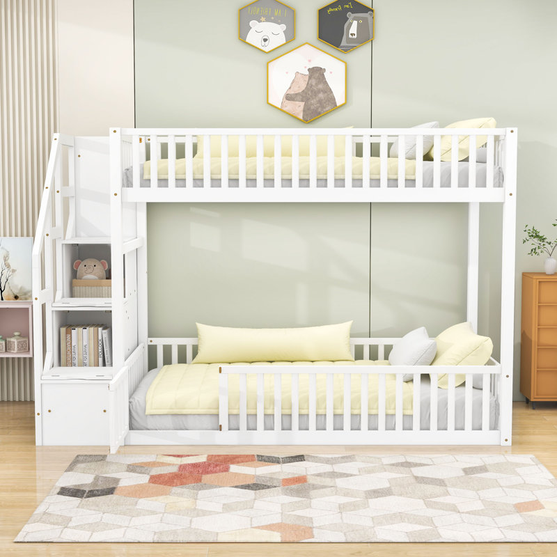 Twin Over Twin Wood Bunk Bed With Guardrails And Stairs, White