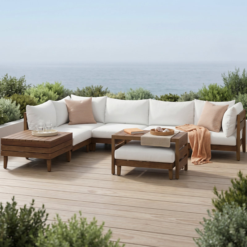 Ensemble de canapé de patio en bois 8 pièces avec coussins, ensemble modulaire d'extérieur avec table basse pour la cour, la piscine et le jardin