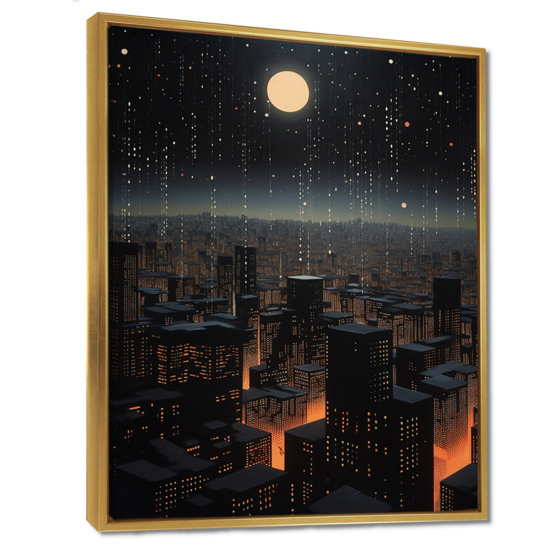 NY Full Moon Night Life - Art mural de New York, H 32 po x l 24 po, Cadre flottant doré