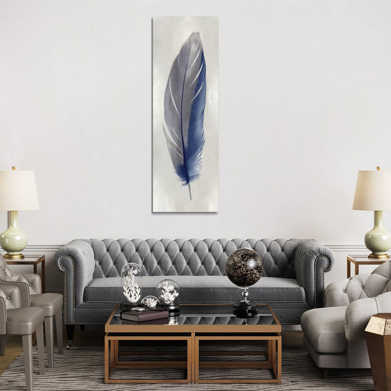 Blue Feather On Silver II by Julia Bosco - Panoramic Gallery-Wrapped Canvas Giclée on Canvas, Wrapped Canvas