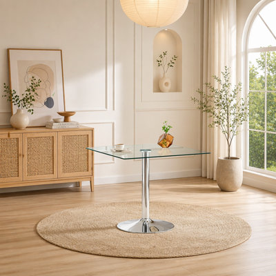 Table de salle à manger 38,5 pouces moderne minimaliste carrée en verre avec base en métal à colonne unique. Disponible en noir, or ou argent. Table de salle à manger à domicile. Convient pour 2 à 4 personnes. (Table seulement)