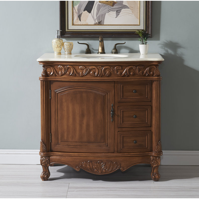 Ensemble de meuble-lavabo simple 36 po Aurillac, Teck, Marbre de couleur crème