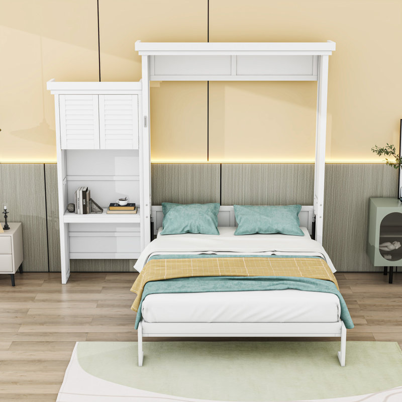 Grand lit escamotable avec persiennes et plusieurs tablettes de rangement, Blanc