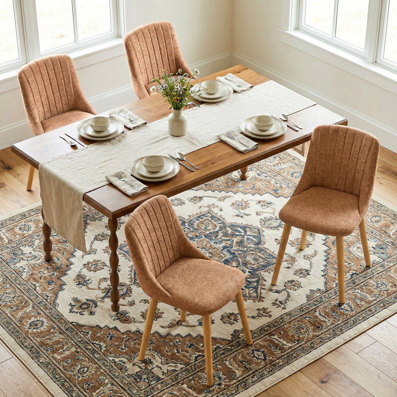 Velvet Dining Chairs With Wooden Legs Set Of 4, 4, Camel Chenille/Natural