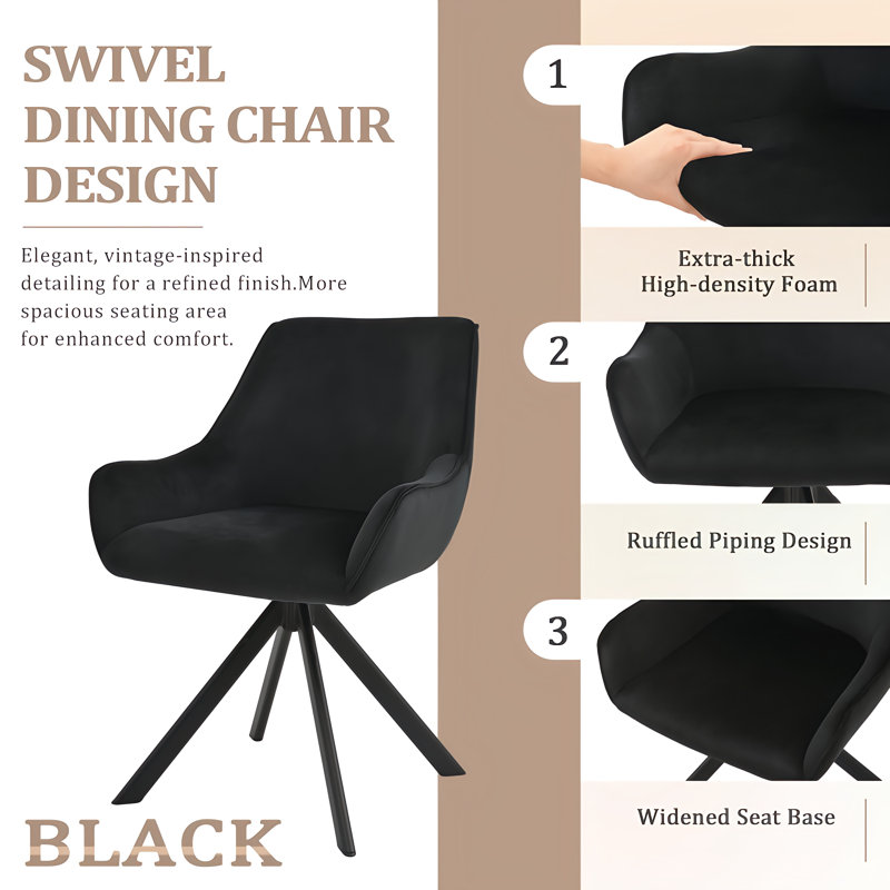 Gefjun 46cm H Swivel Dining Chairs, Modern Upholstered Armchairs for Dining Room Kitchen Living Room, Black Velvet