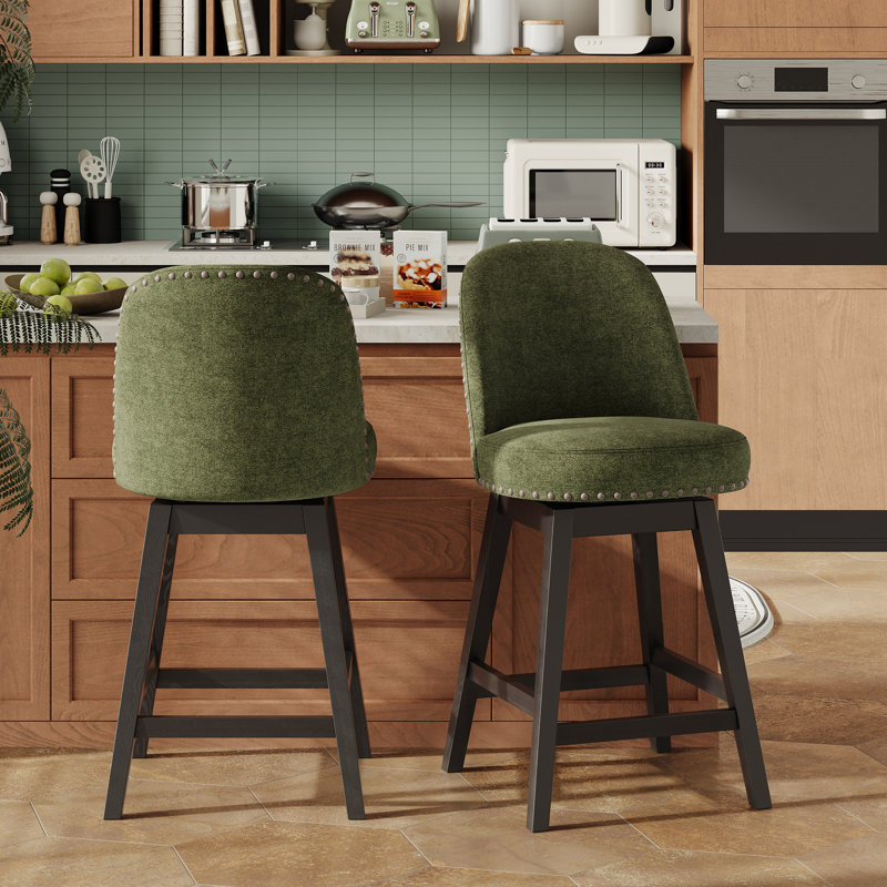 Vintage Upholstered Swivel Bar Stool with Solid Wood Legs, Green