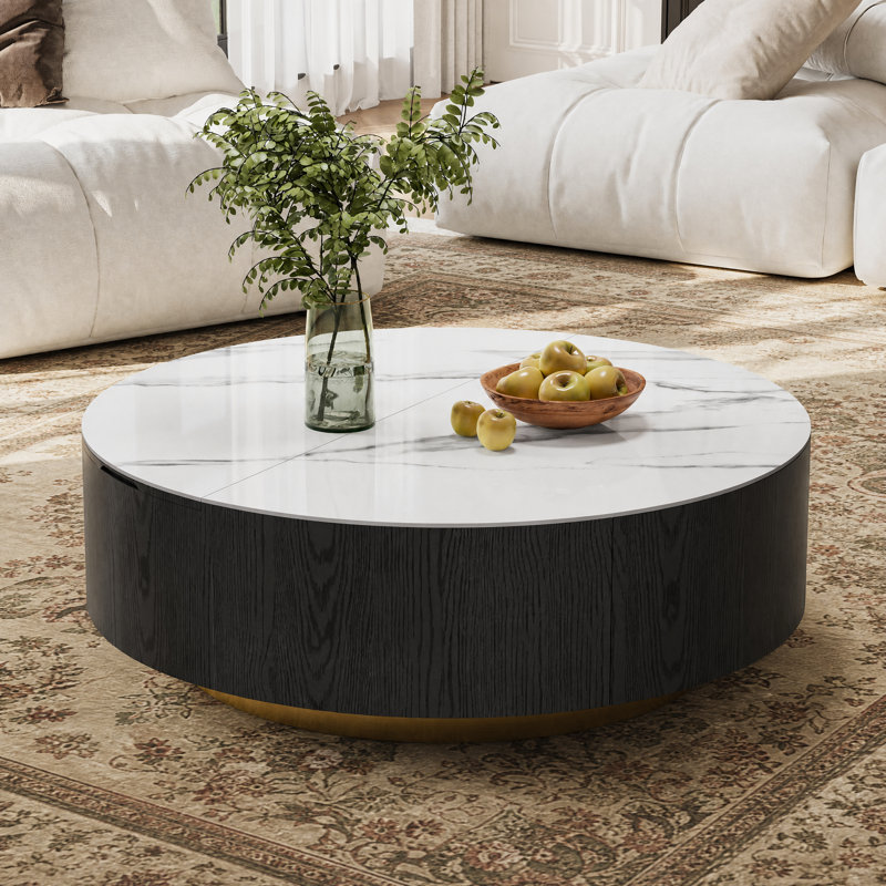 Table basse ronde moderne de 90 cm (35,5 po) avec plateau amovible, espace de rangement dissimulé et 1 tiroir, entièrement assemblée