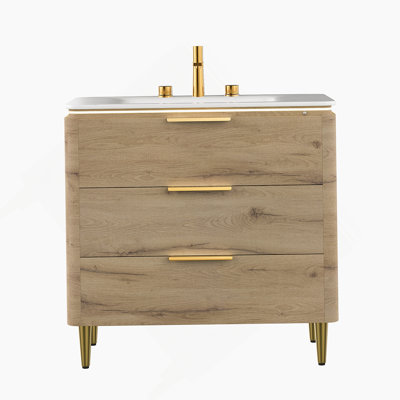 AMARA 36'' Bathroom Vanity With Sink, Freestanding Curved Edges Plywood Bathroom Storage Cabinet With 3 Drawers, Carrara White Sintered Stone Integrated Basin, Pre-Assembled, White Oak Woodgrain Colour