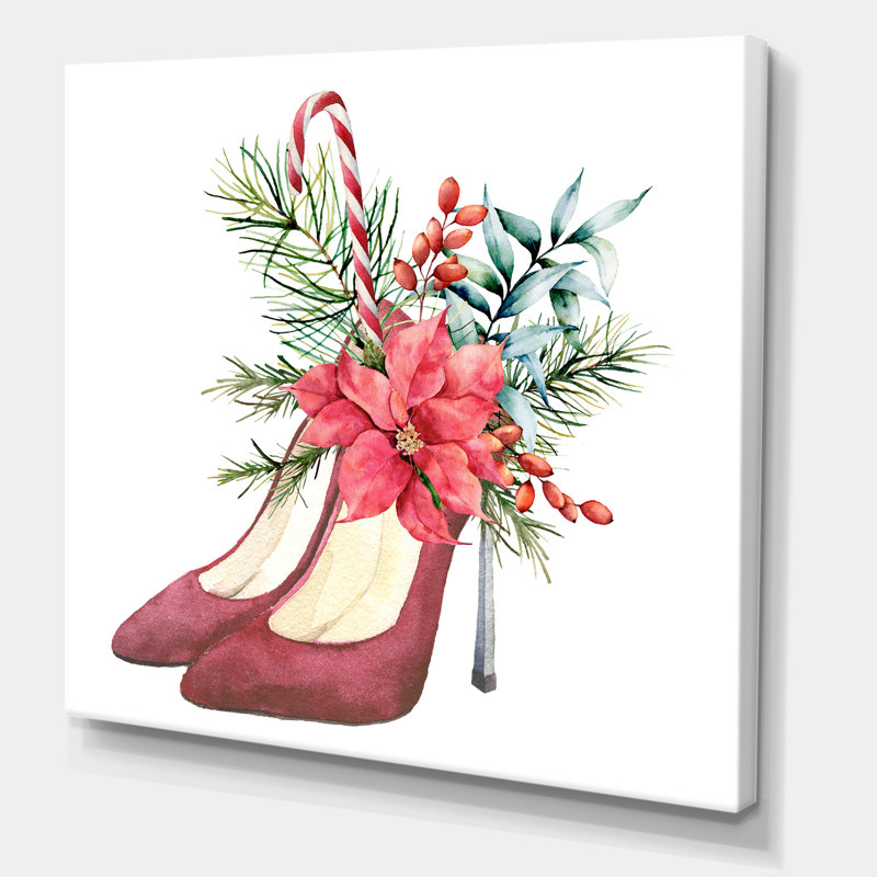 Chaussures à talons en daim rouges avec décor floral de Noël - peinture sur toile, H 16 po x l 16 po x p 1 po, Toile tendue
