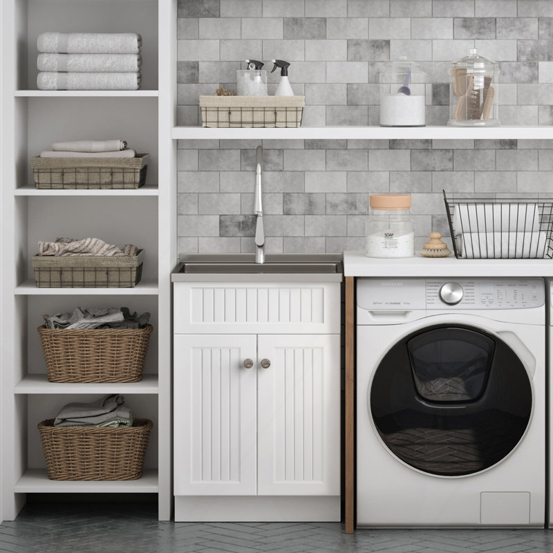 Beckham - Armoire à linge 24 po avec robinet et évier en acier inoxydable - blanc, 24"