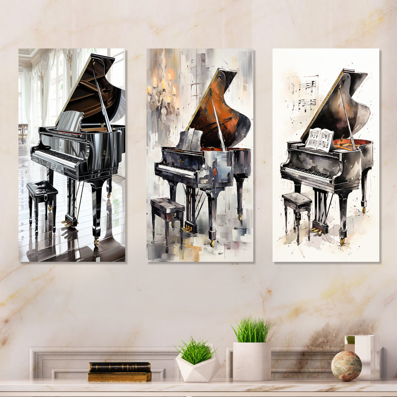 Midnight Black Piano Tranquility I - Music Metal Prints Set Of 3, 28" H x 36" W