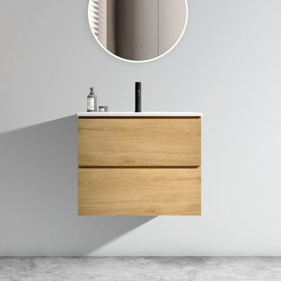 Meuble de salle de bain mural en chêne naturel - Vasque en céramique, grand espace de rangement, système silencieux, lavabo de 61 cm, poignée élégante et spacieuse - Design