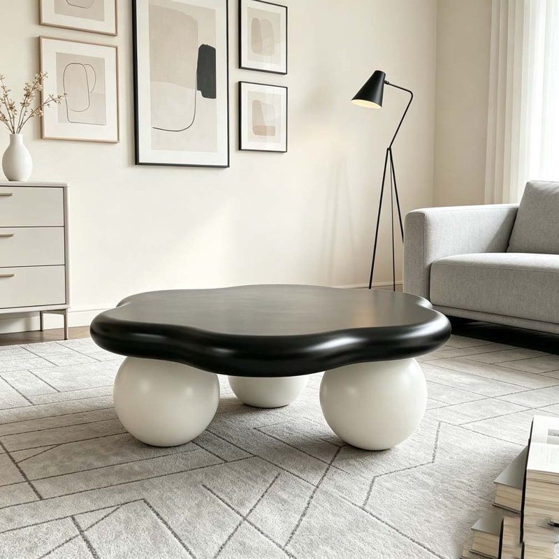 Table basse 35 "en forme de nuage, table basse minimaliste moderne en forme de pétale avec pieds sphériques, Black TOP White