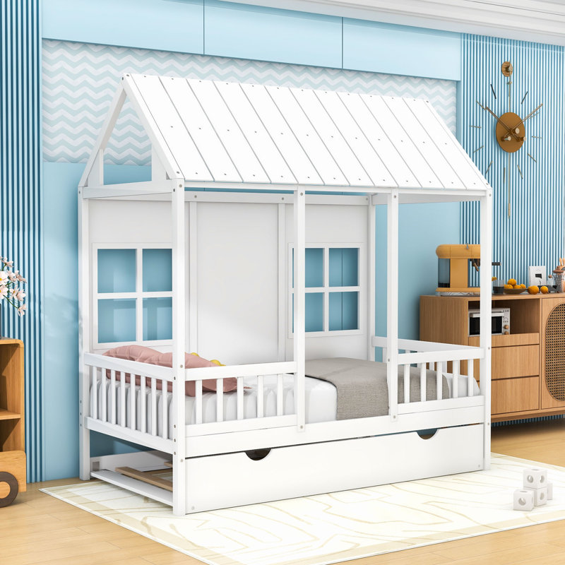 Canoby Twin Size Wood House Platform Bed With Trundle and Slats Support, White