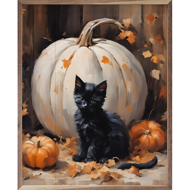 Chaton avec citrouille blanche, H 10 po x l 8 po