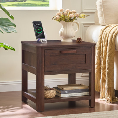 Farmhouse End Table With Charging Station,19.7" Nightstand With Drawer,Night Stand With Open Storage Shelf,Rustic Wood Bed Sofa Side Table Dresser For Bedroom, Living Room, Closet
