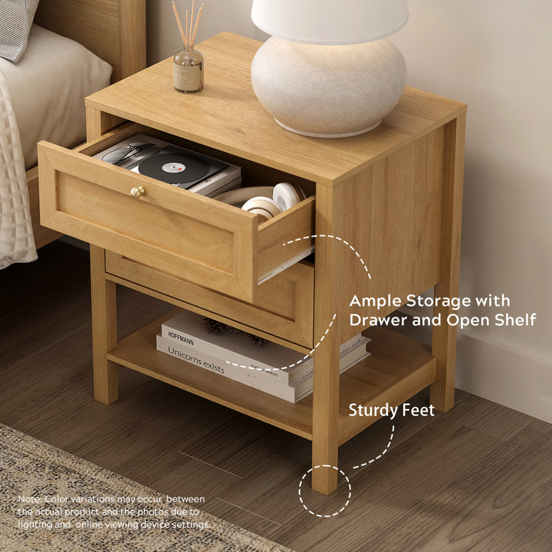 2-Drawer Wooden Nightstand With Shelf, Oak, Set of 2