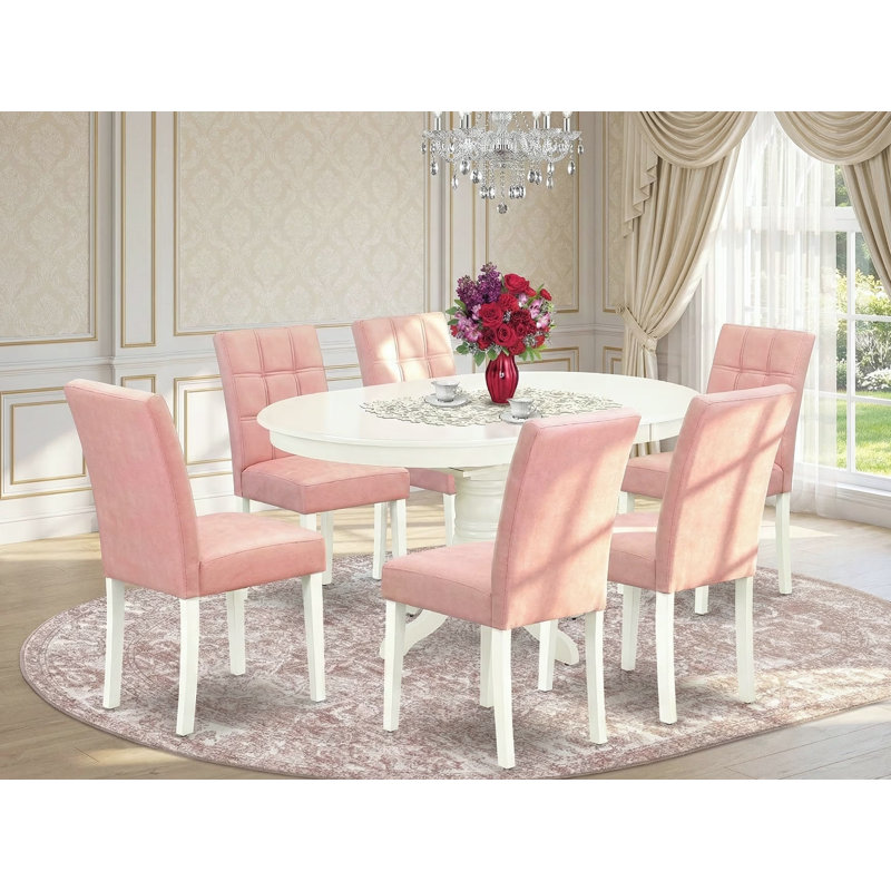 7 Piece Dinner Table Set consists A Modern Dining Table and 6 Beige Red Polyester Fabric Kitchen Chairs with Stylish Back- Linen White Finish