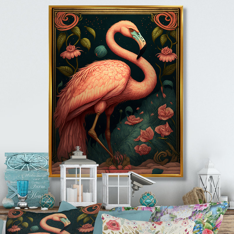 Flamant rose rétro avec roses - art mural flamant rose pour le salon, L 30 po x H 40 po, Toile avec cadre flottant or