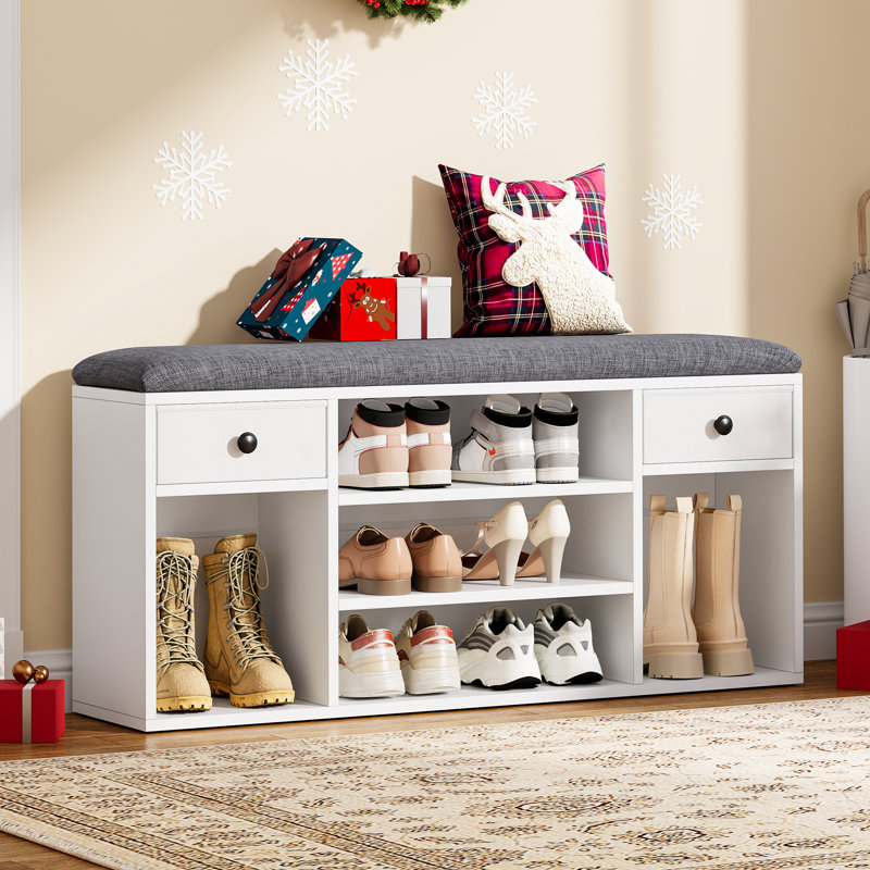 8 Pair Shoe Storage Bench, White/Grey