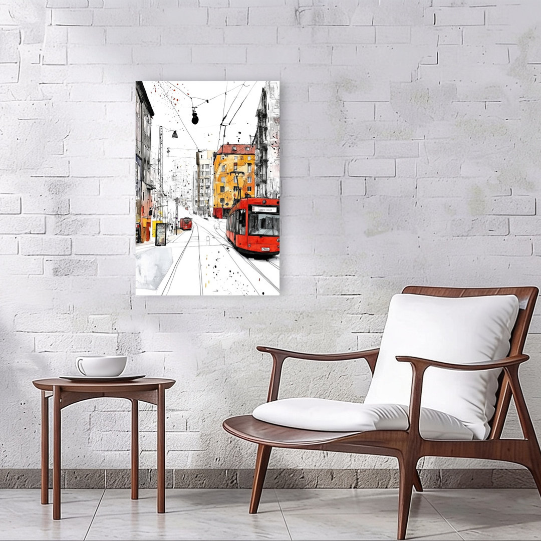 Red Tram Cityscape Vibrant Abstract Contemporary Architecture City Wall Art Print