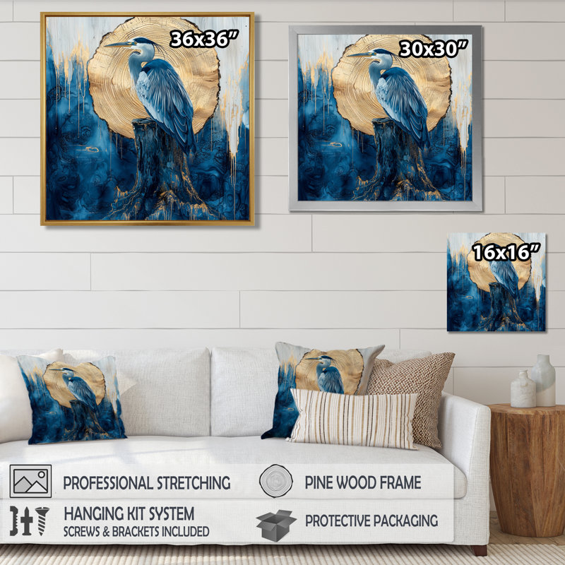 Azante, héron dans la lune dorée, encre de Chine, paysage - héron, art mural, Impression encadrée flottante, Argent argent