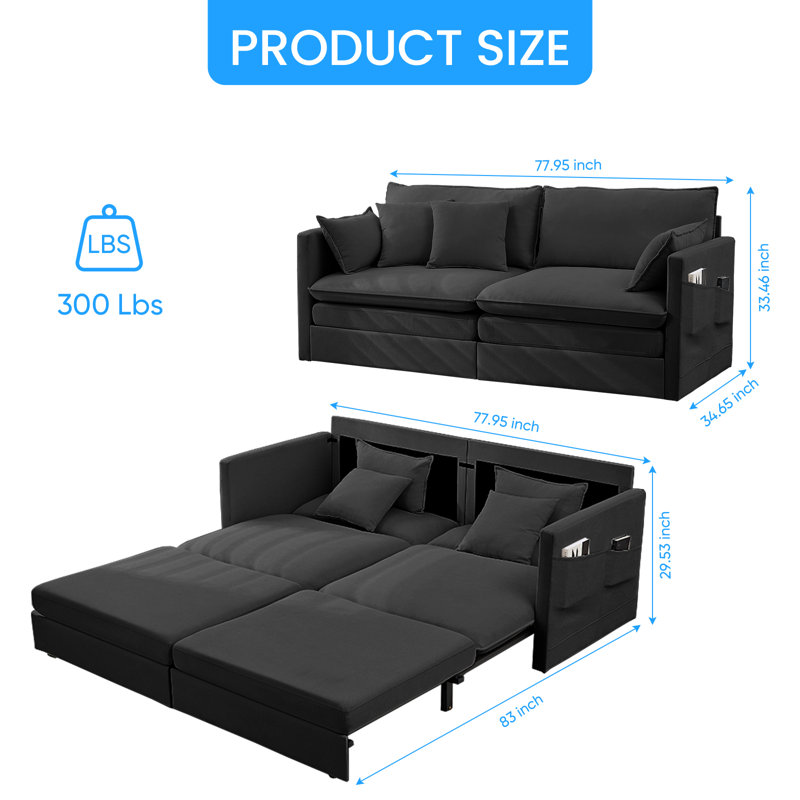  3-In-1 Convertible Sleeper Sofa with Storage & 4 Pillows, Black