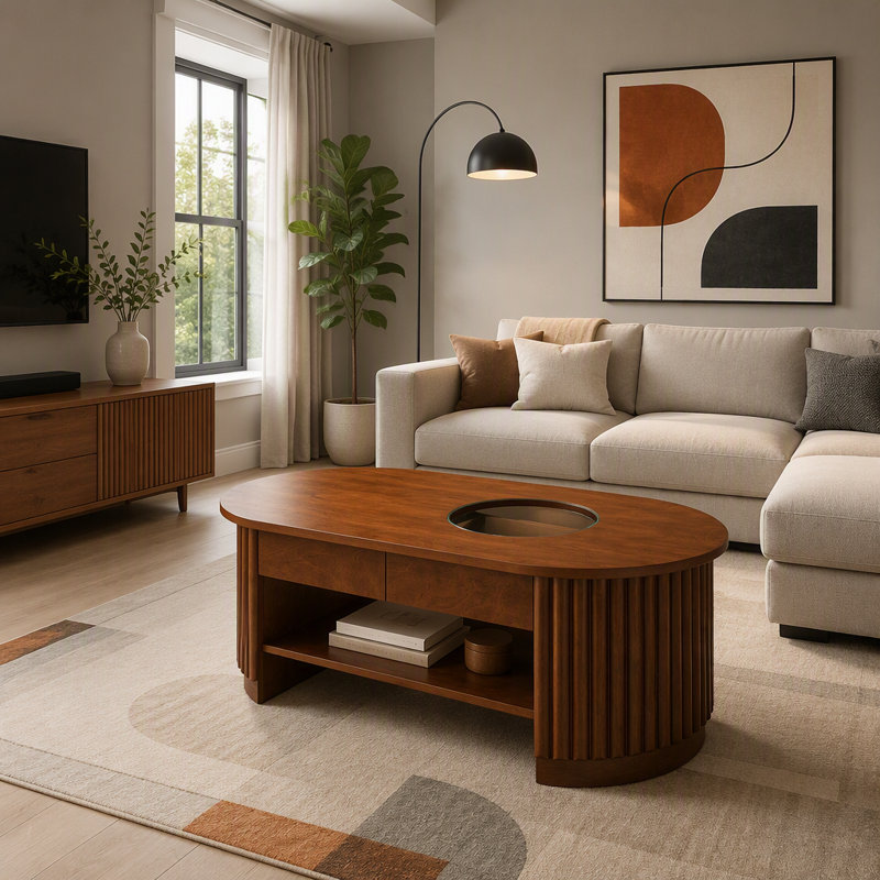 Table basse ovale cannelée de style Mid-Century avec tiroirs, table de cocktail en bois trempé à 2 niveaux, table de rangement centrale pour le salon