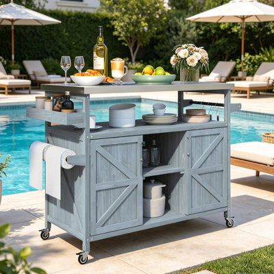 Farmhouse Outdoor Grill Cart, Rolling Bar Cart Grill Table With Stainless Steel Top, Spice Rack , Towel Rack For Kitchen & Barbecue
