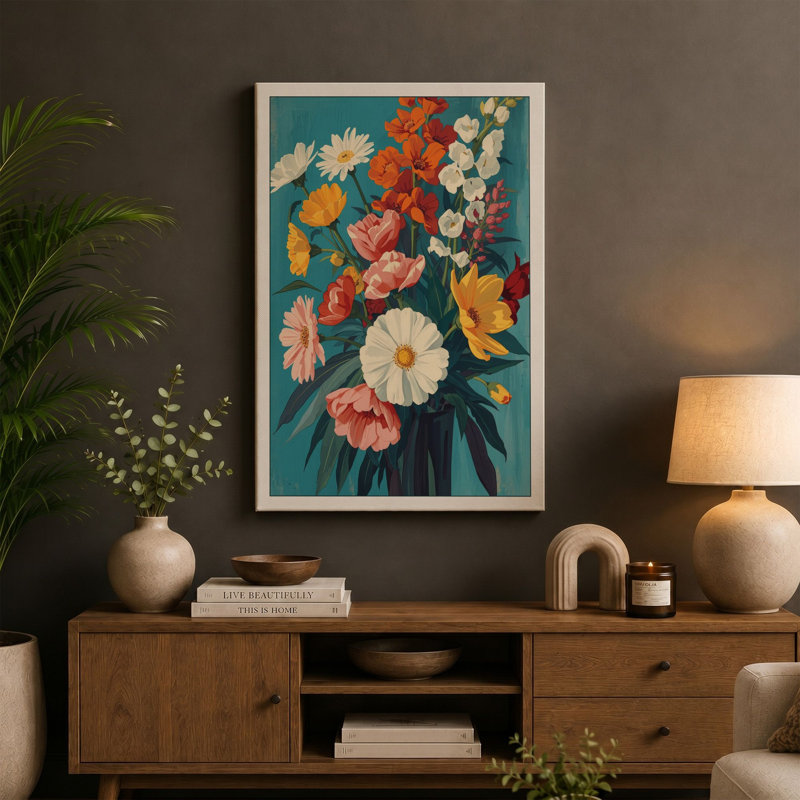 Abundant Blooms Botanical - Wrapped Canvas, 24x16 - 61.0 x 40.6 cm, Teal Border