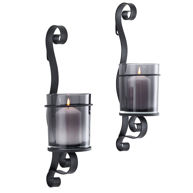 Ensemble de bougeoirs muraux noirs avec ouragans en verre fumé