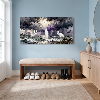 Egrets In Stormy Seas Watercolor Painting Canvas Wrapped Wall Art Oil Painting Print Set Of 1