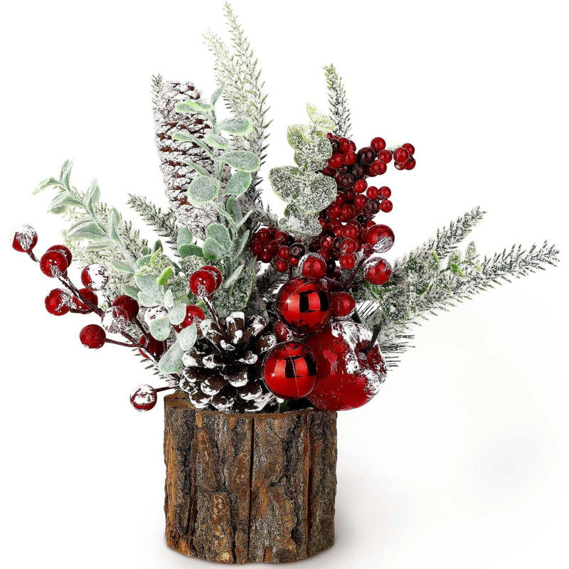 Décoration de Noël pour arbre de Noël avec mini décorations de sapin de table artificielles avec ornements des fêtes, pomme de pin et baies pour la maison