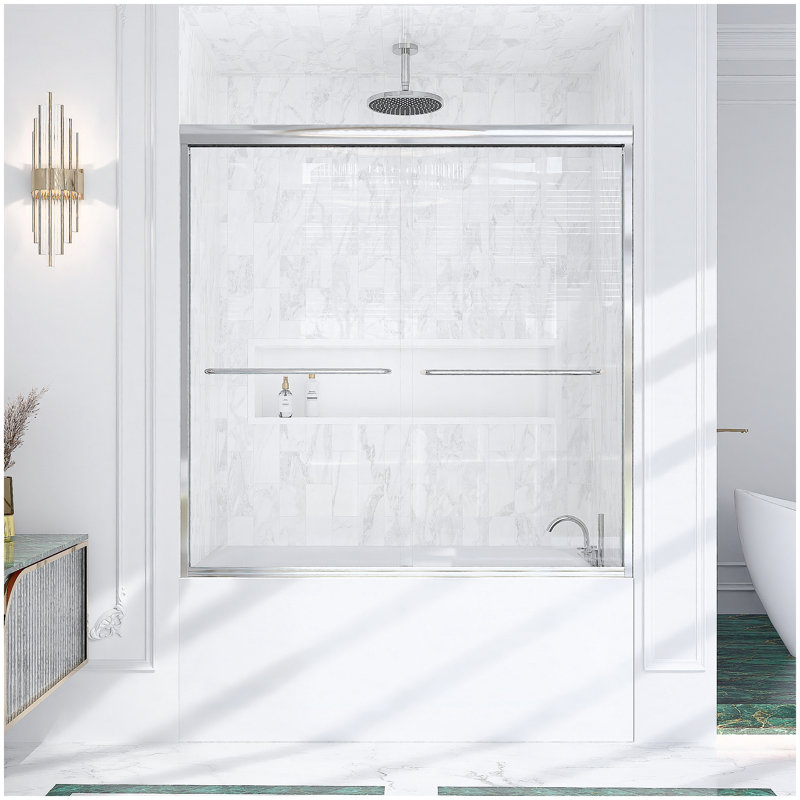 56"-60"W*60" H Semi-Frameless Double Sliding Shower Door, Bypass Shower Door, 1/4" (6mm) Thick SGCC Tempered Glass Door,Chrome