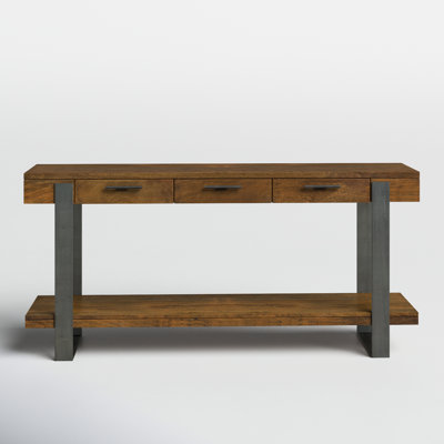 Ashley Furniture Bedford Park Mango Wood Sofa Table with 3 Drawers and Iron Base