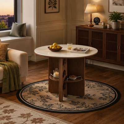 Medieval-Style White Sintered Stone Round Table with Walnut MDF Storage Shelf for Dining Room