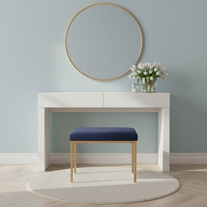 Modern Rectangular Ottoman Footstool With Gold Metal Legs, Upholstered Accent Bench For Bedroom, Living Room, Blue
