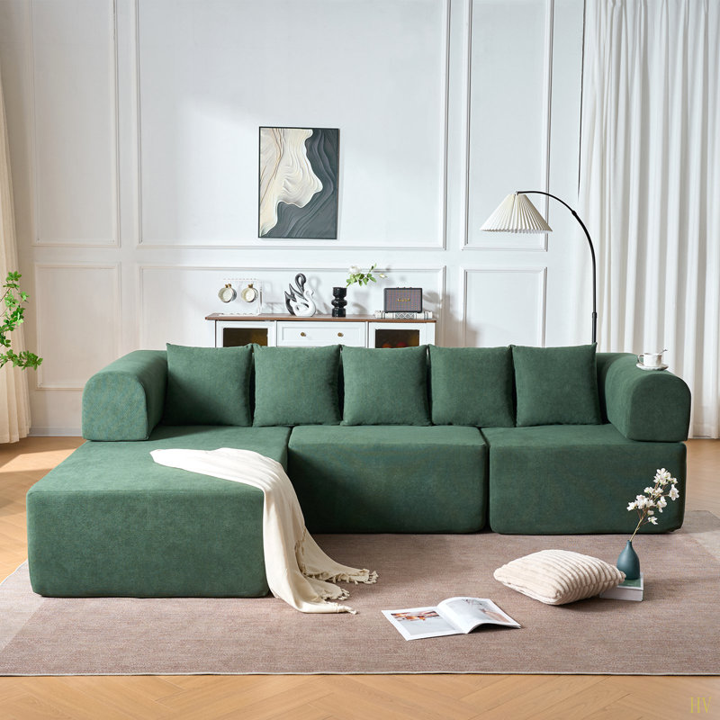 Canapé modulaire de 106 po, canapé modulaire en L en forme de L avec siège profond, canapé moderne en velours sans os avec méridienne mobile et 5 coussins, canapé compressé dans une boîte pour le salon, aucun assemblage requis