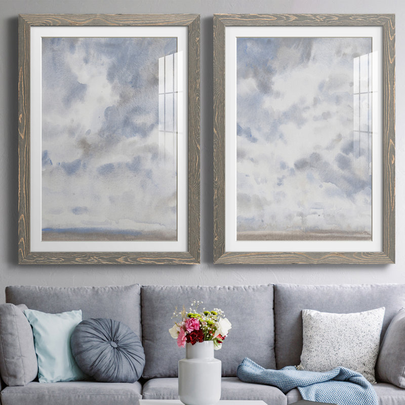 Bleu ciel III encadré de qualité supérieure - prêt à accrocher, H 31,5 po x l 47 po x P 1,5 po, Encadré gris