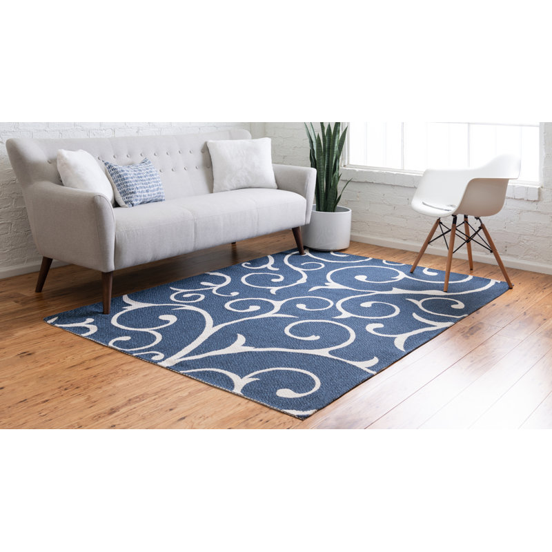 Tapis bleu marine / ivoire en coton damassé Alexei, Rectangle 8 pi 5 po x 11 pi 4 po