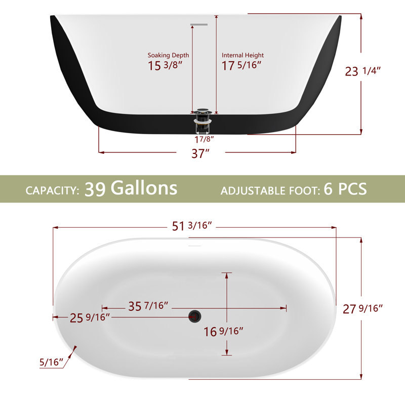 51'' x 28'' Freestanding Soaking Acrylic Bathtub, Matte Black