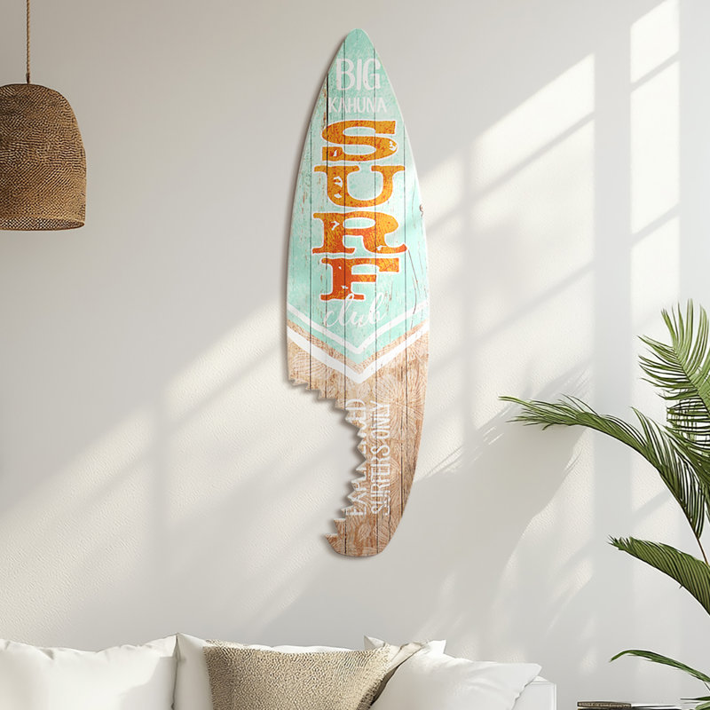 Kersh Big Kahuna Surf Club Shark Bite Surfboard Plaque Coastal Beach Wall Decor Sign 60"