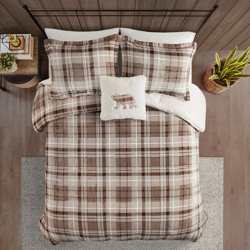 Très grand à la literie - confortable, 100%, édredon lavable à la machine, accents décoratifs, Blanc / carreaux bruns
