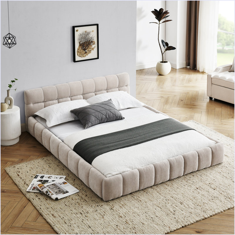 Structure de lit tapissier grand format avec tissu épais, lit plateforme grand format en chenille avec tête de lit et structure solide