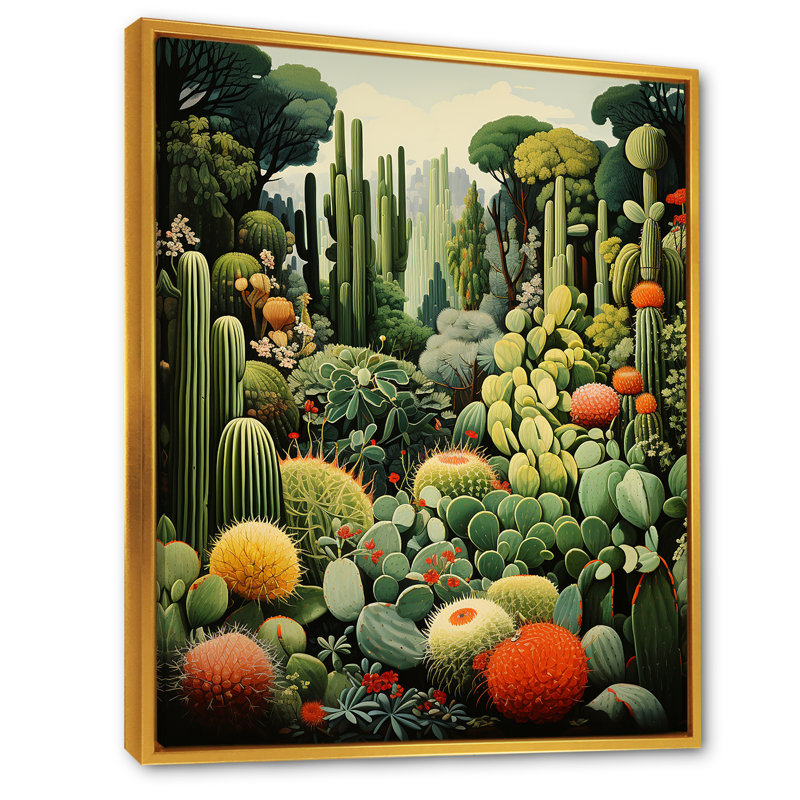 Cactus olive oasis sur toile, H 40 po x l 30 po x P 1,5 po, Cadre flottant doré